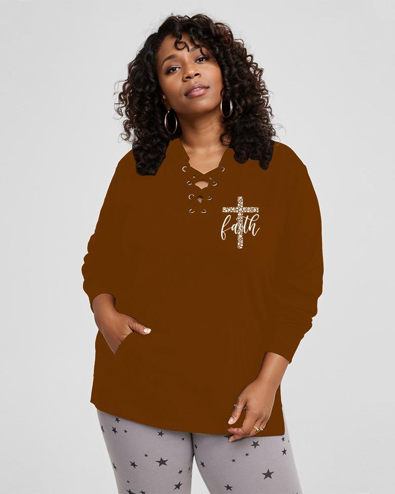 Cross Letter Print Lace Up Side Slit Hoodie