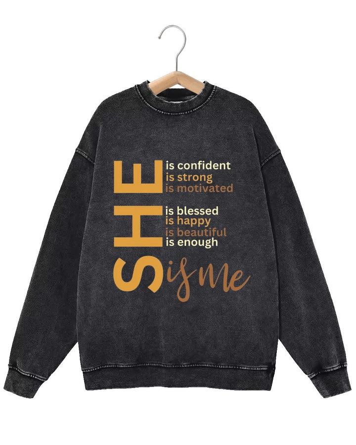 Retro Fashion Distressed Washed She Is Me Print Long Sleeve Unisex Sweatshirt