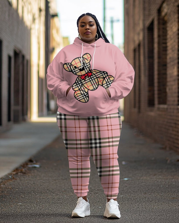 Pink Plaid Brown Bear Cartoon Print Long Sleeve Hoodie Two Pieces Set