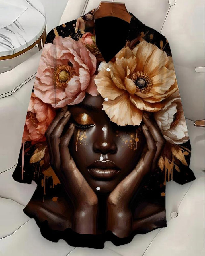 Women's Face-Holding Art Flower Portrait Shirts