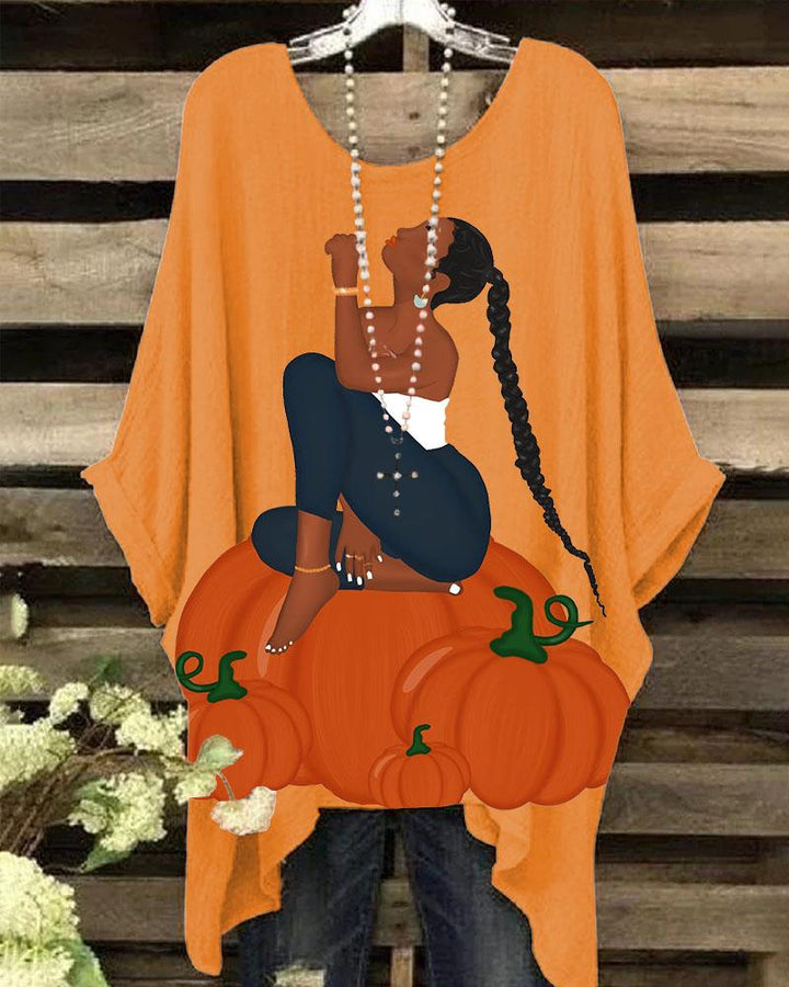 Ladies Thanksgiving Pumpkin Black Girl Round Neck Bat Sleeve Print Blouses