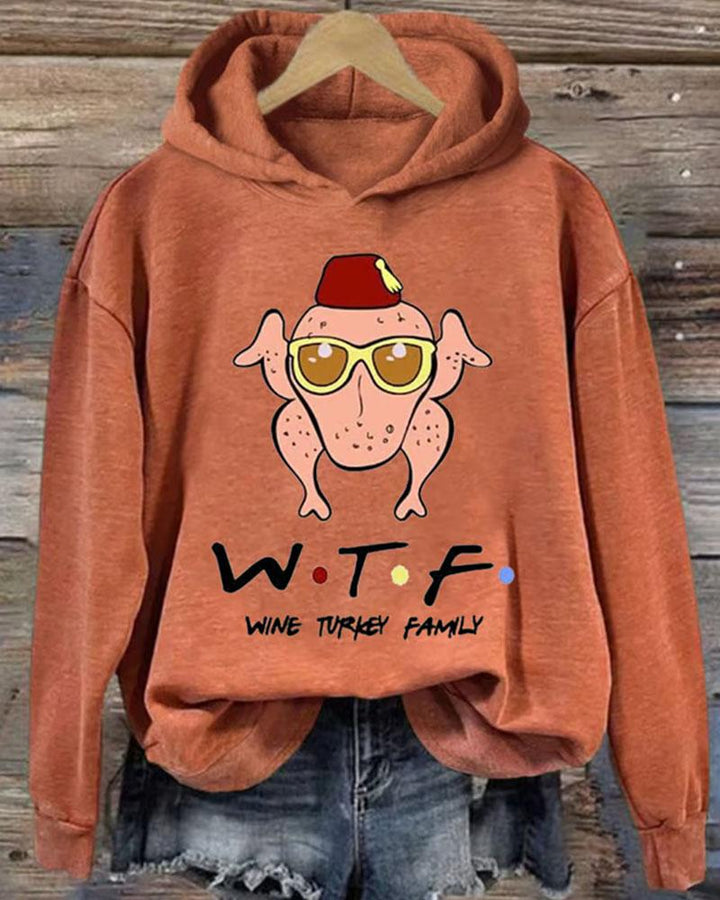 Women's Thanksgiving Wine Turkey Family Print Long Sleeve Hoodie With Pocket