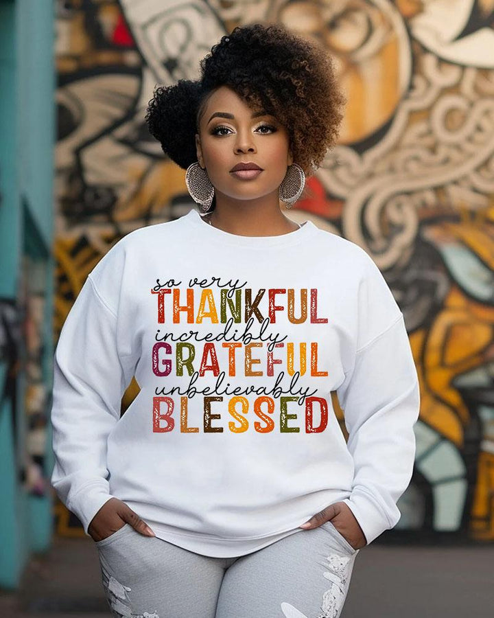 Women's Crewneck Thanksgiving Day Slogan Thankful Grateful Blessed Print Long Sleeve Sweatshirts