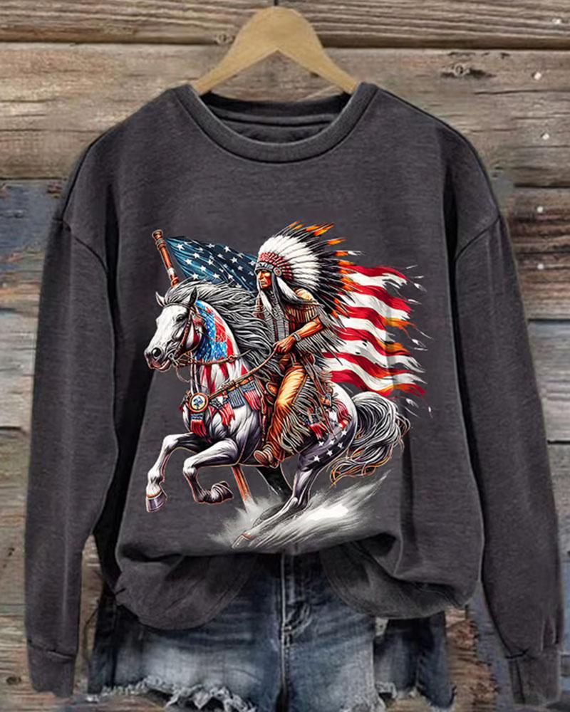 Women's Retro Native American Heritage Month Print Crew Neck Sweatershirt