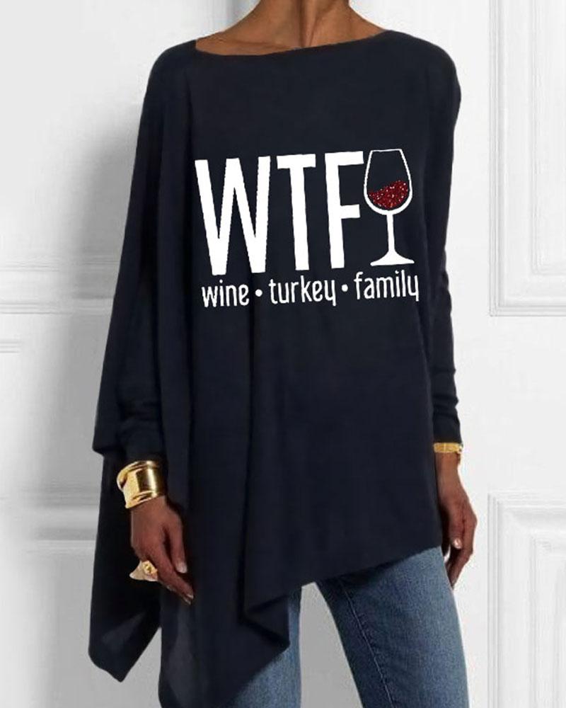 Women's Thanksgiving Wine Turkey Family Printed Irregular Hem Long Sleeve T-Shirt