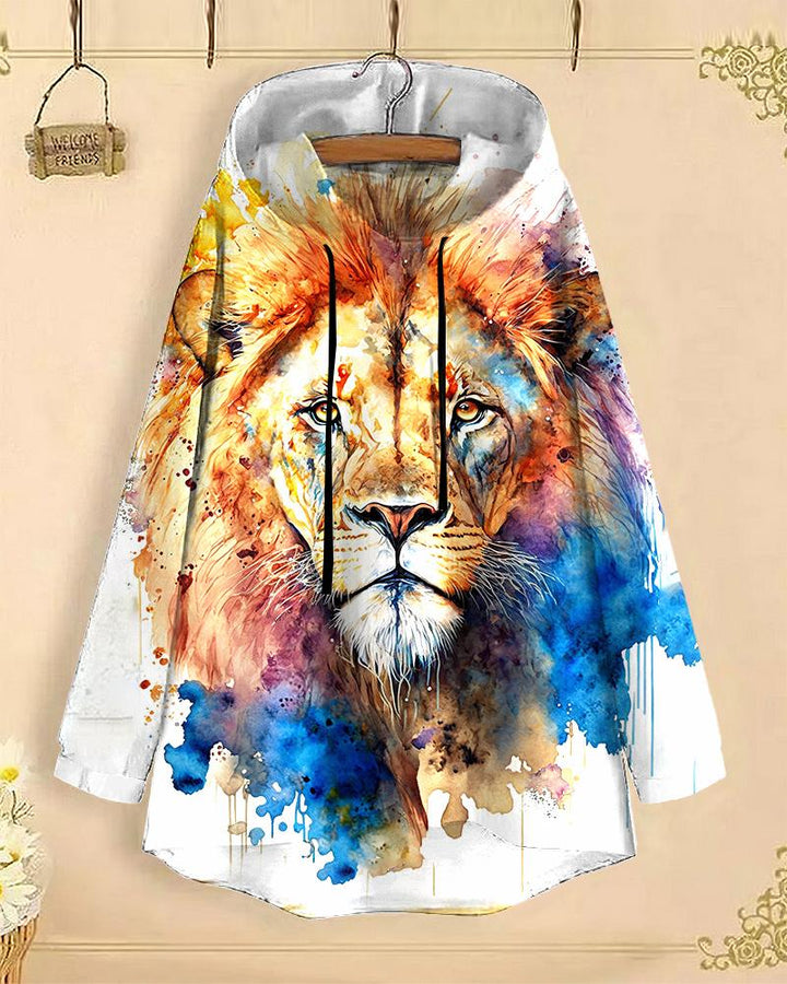 Watercolor Painting Lion Long-Sleeved with Loose Hem Hoodie