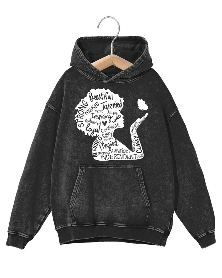 Retro Fashion Distressed Washed Black Girl Magic Print Long-sleeved Unisex Hoodie