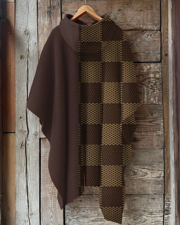 Brown Plaid Stitching Hooded Warm Shawl Cape