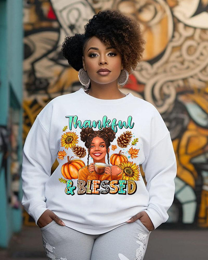 Women's Crewneck Thanksgiving Day Slogan Thankful And Blessed Print Long Sleeve Sweatshirts