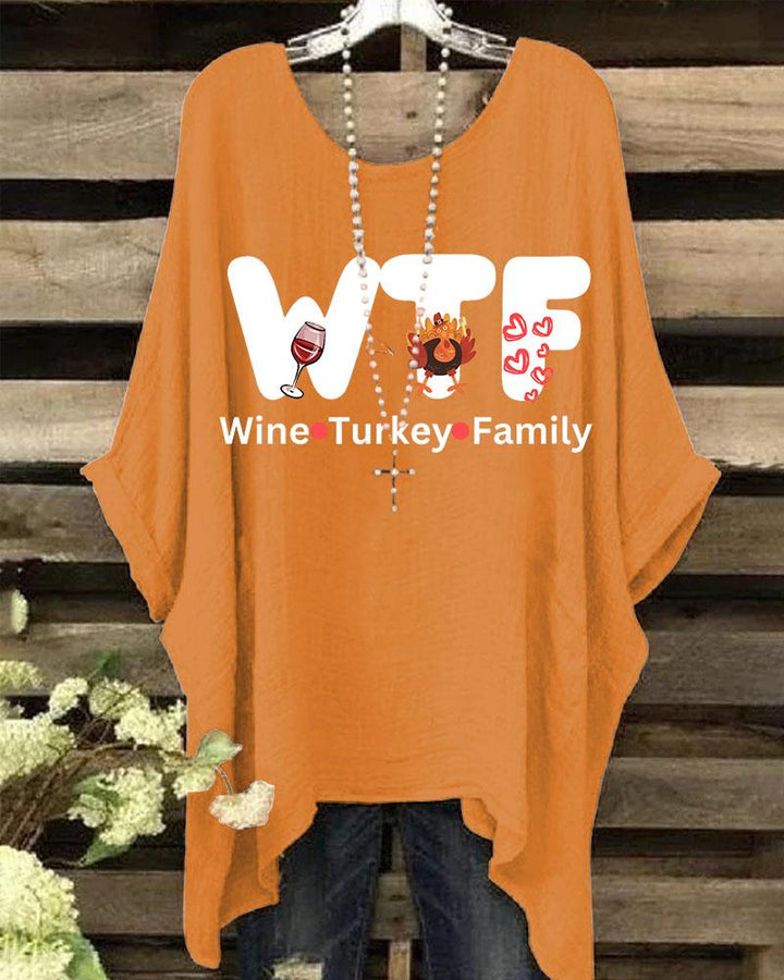 Thanksgiving Wine Turkey Family Batwing Sleeve Women Round Neck Print Shirt