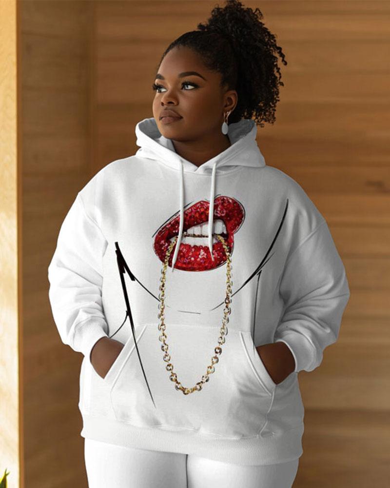 Red Lips with Golden Chain Print Long Sleeve Hooded Two Pieces Set