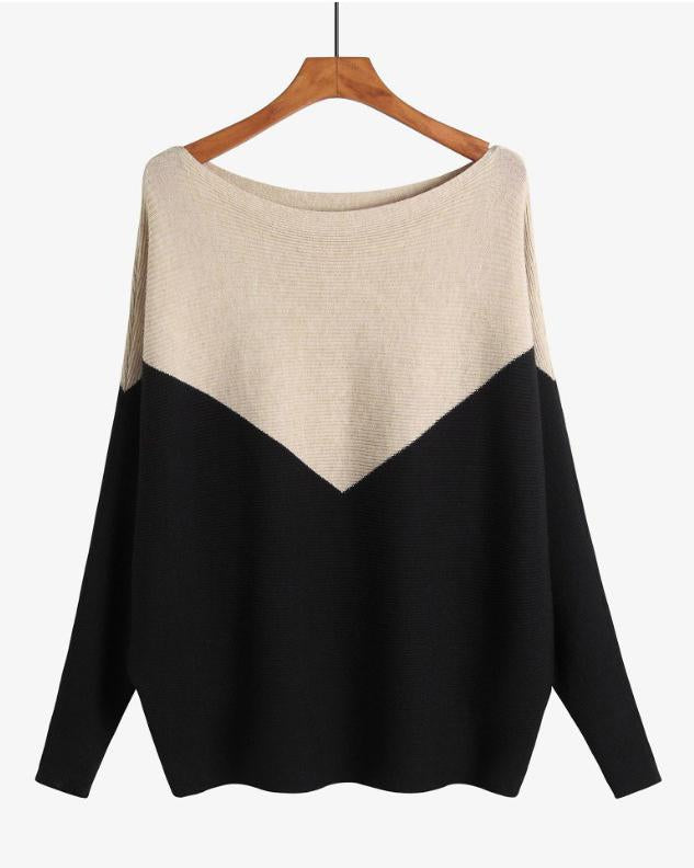 Women's Stylish Off-shoulder Top Irregular Splicing Loose Batwing Pullover Sweater