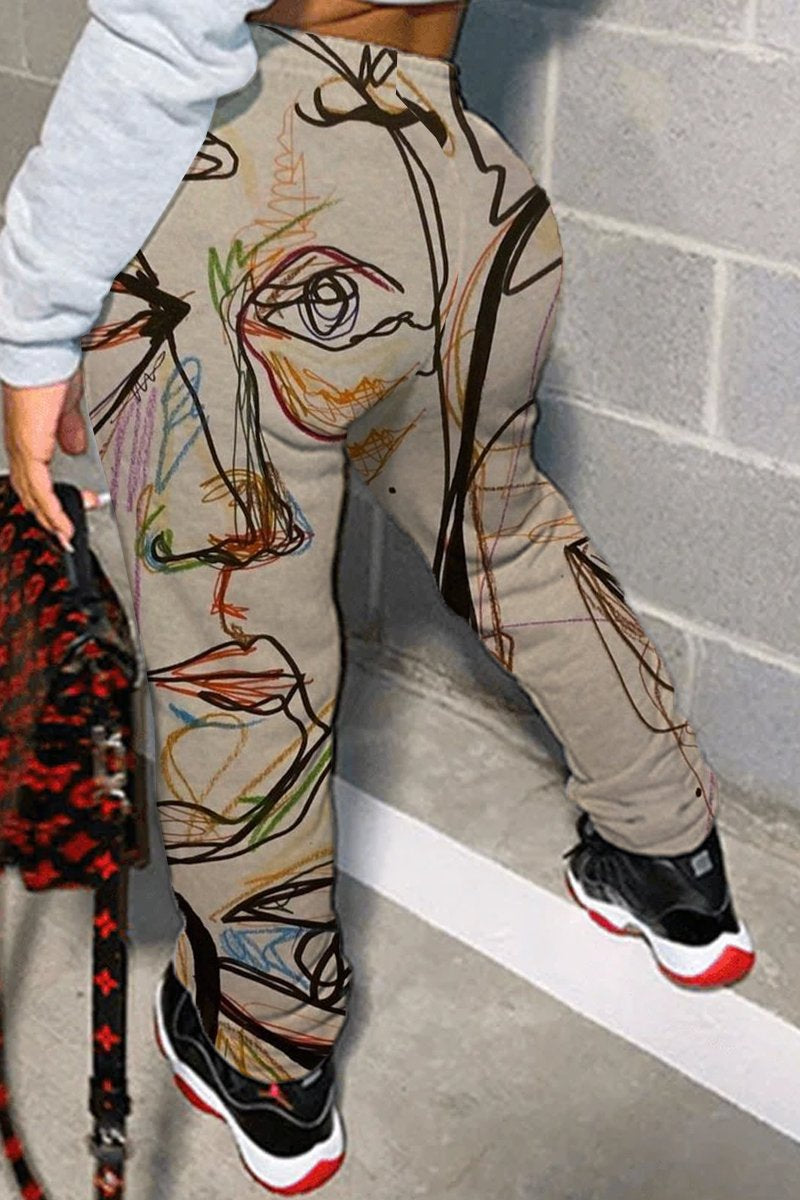 Casual Abstract Human Face Print Track Sweatpants