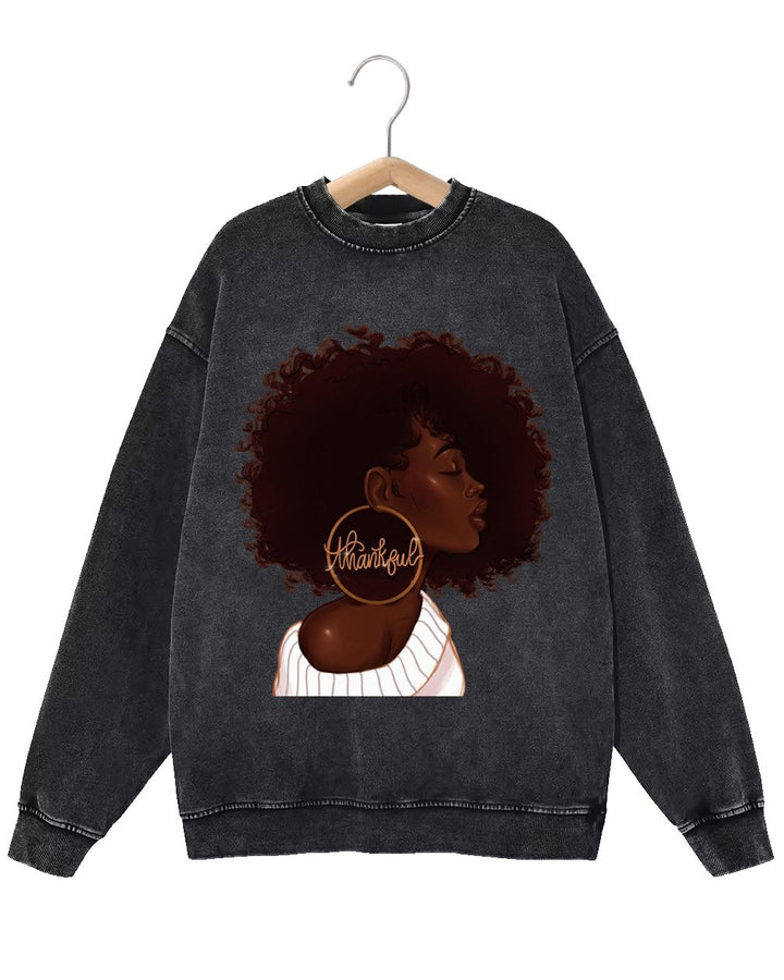 Retro Fashion Distressed Washed Thankful Afro Girl Print Long Sleeve Sweatshirt