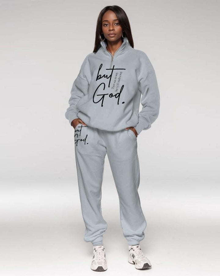 But God Turtleneck Zipper Long Sleeve Sweatshirt and Casual Pants Set