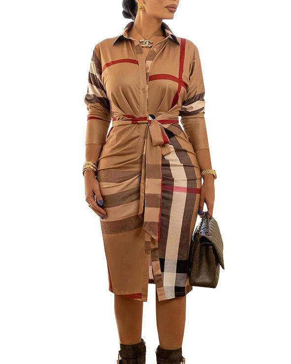 Fashionable Striped Tie-neck Mid-length Shirt Dress