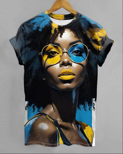 Short Hair Sunglasses Black Girl Print Short Sleeve T-shirt