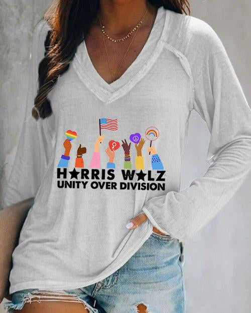 Women's Unity Over Division Printed V-neckt Long Sleeve T-shirt