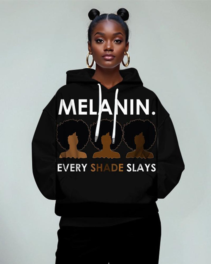 Melanin Letter Portrait Print Hoodie and Solid Color Casual Pants Set