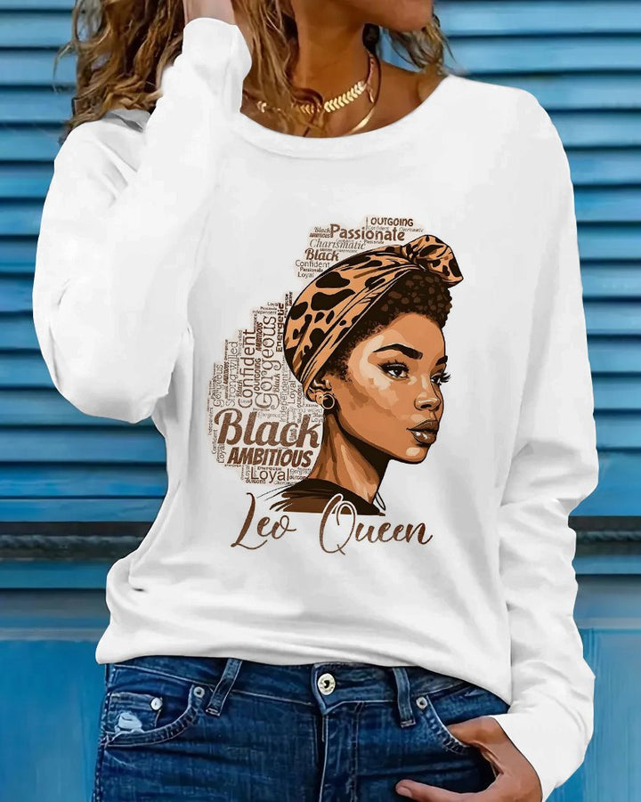 Leo Queen Print Crew Neck Long Sleeve T-shirt