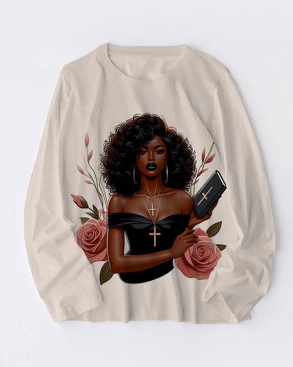 Afro Girl with Cross Print Cotton Crew Neck Long Sleeve T-shirt