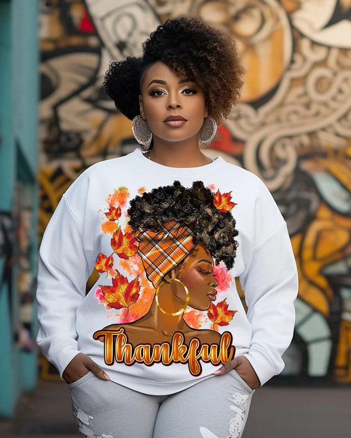 Women's Crewneck Black Girl Thanksgiving Day Slogan Thankful Print Long Sleeve Sweatshirts