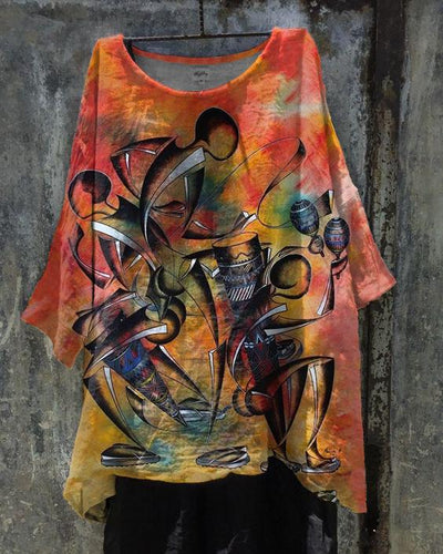 Tribal Dance Oil Painting Print Linen Tunic Shirt