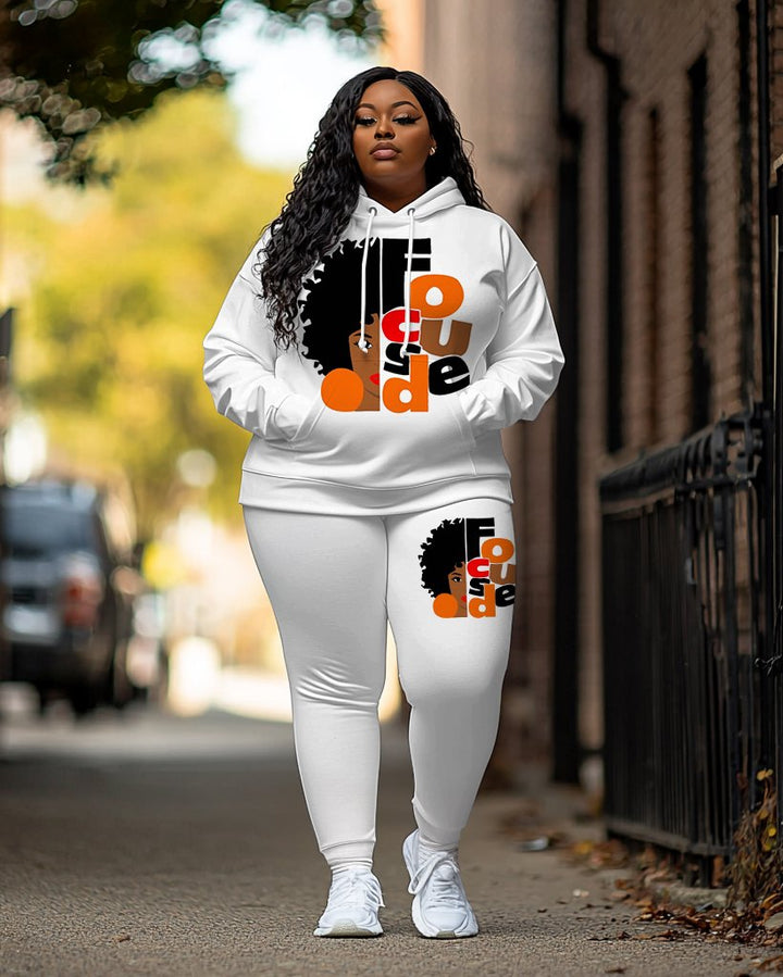 Fashion Simple Focused Afro Woman Print Long Sleeve Hoodie Two Pieces Set