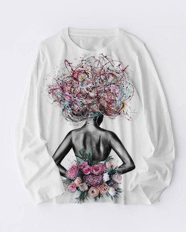 Afro Girl with Flower Line Drawing Print Cotton Crew Neck Long Sleeve T-shirt