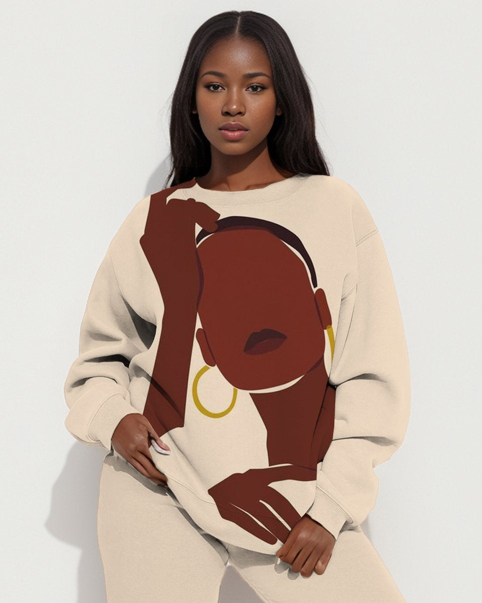 Black Girl Face Art Print Sweatshirt Two Pieces Set