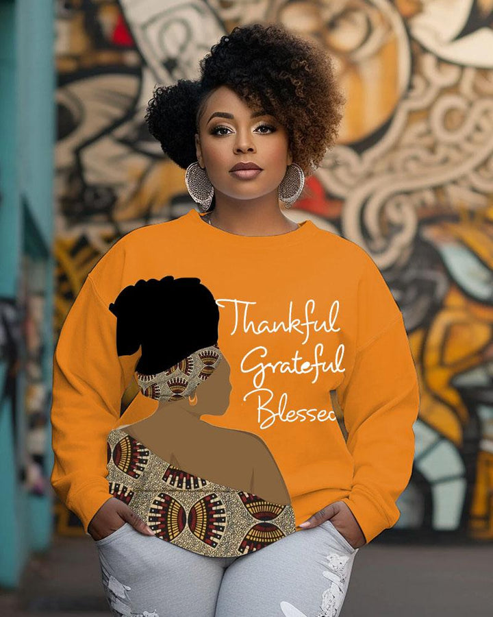 Women's Crewneck Black Thanksgiving Day Thankful Grateful Blessed Print Long Sleeve Sweatshirts