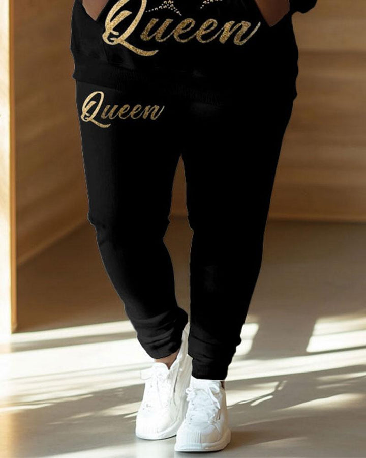 Shiny Afro Queen Print Long Sleeve Hoodie Two Pieces Set