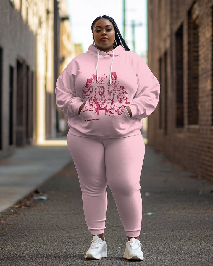 Pink Cartoon Print Long Sleeve Hoodie Two Pieces Set