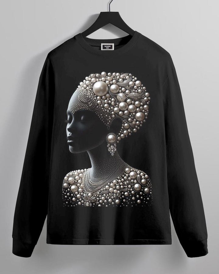 Diamond Earrings Pearl Girl Cotton Crew Neck Long Sleeve T-shirt