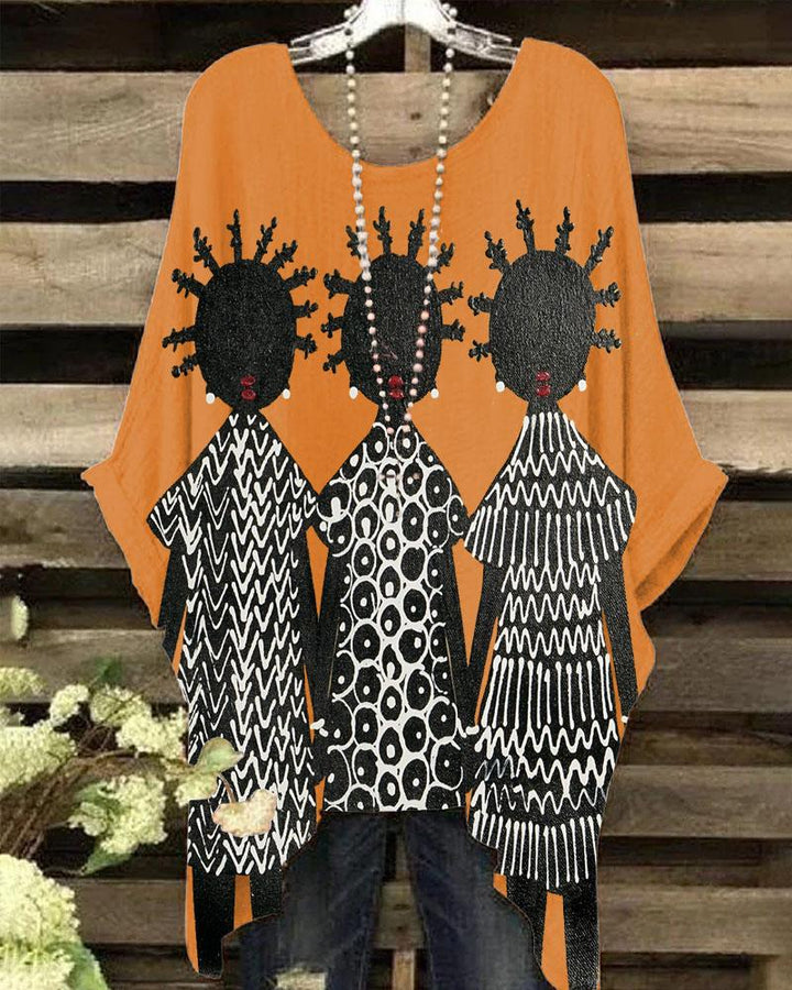 Ladies Thanksgiving Black Girl Without Face Illustration Print Round Neck Bat Sleeve Blouses