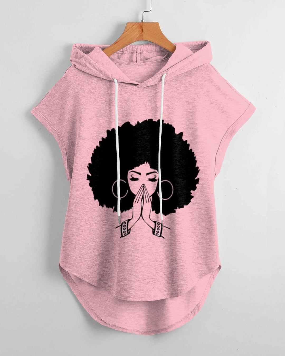 Afro Praying Girl High Low Hem Drawstring Hooded Tee