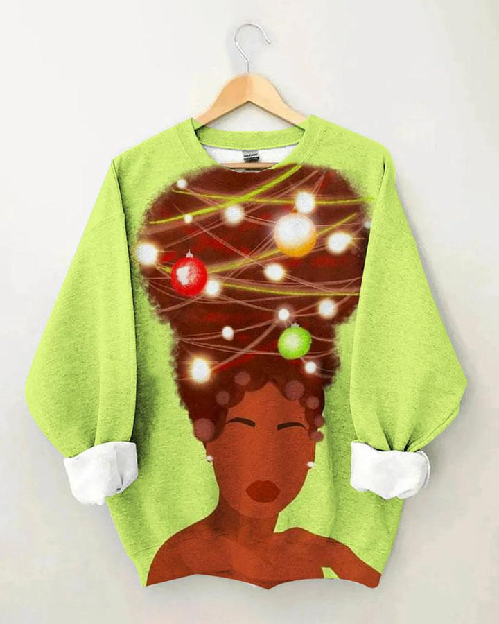 Women's Black Girl and Christmas Lights Print Crewneck Sweatshirts