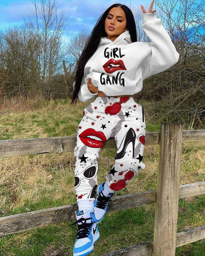 Girl Gang Lips Lipstick Long Sleeve Hoodie Two Pieces Set