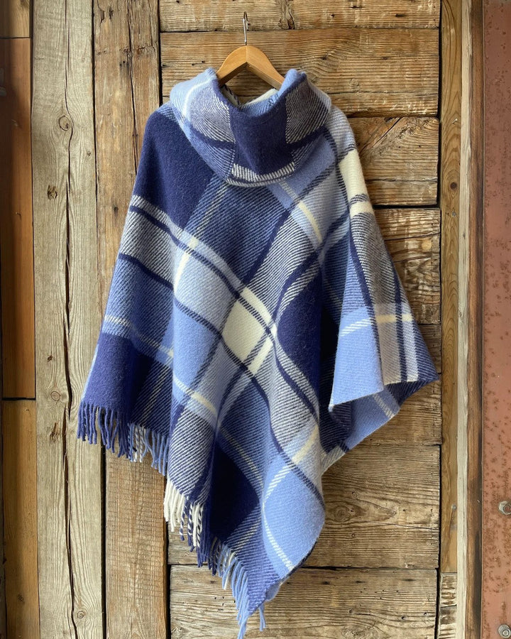 Blue Plaid Print Tassels Hooded Warm Shawl Cape