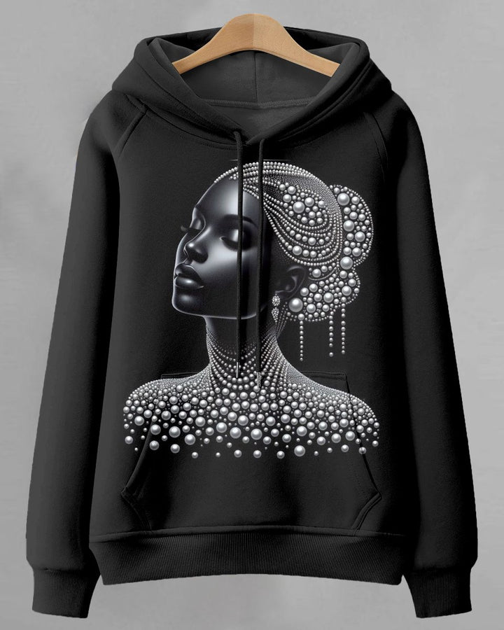 White Pearl Black Women Long-sleeved Hooded Sweatshirt