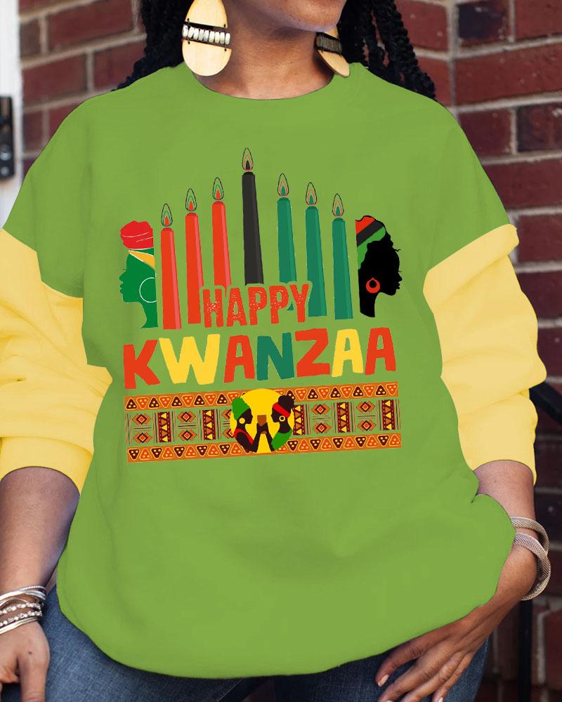 Women's Round Neck Happy Kwanzaa Printed Long Sleeve Sweatershirts