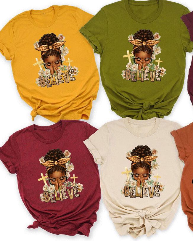 Believe Praying Afro Messy Bun Short Sleeve Tshirt