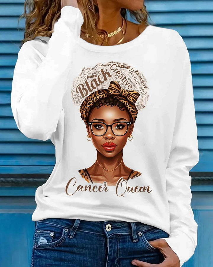 Cancer Queen Print Crew Neck Long Sleeve T-shirt