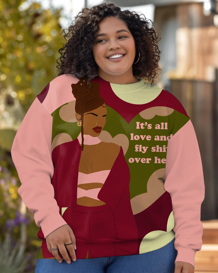 It's All Love and Fly Shit Over Hrer Letter Cartoon Print Long Sleeve Sweatshirt