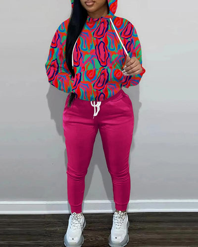 Contrast Color Fashion Print Loose Women's Hooded Sweatshirt Set