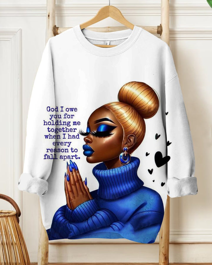 God I Owe You For Holding Me Together Cartoon Print Long Sleeve Sweatshirt