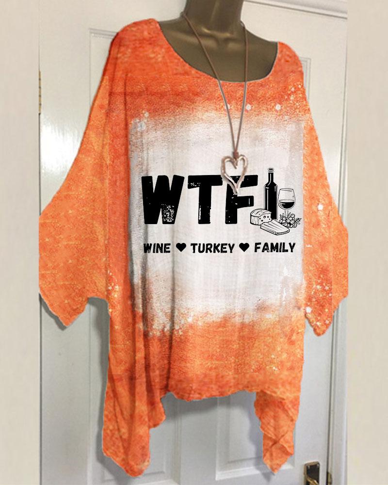 Thanksgiving Wine Turkey Family Round Neck Tie-Dye Print Blouse