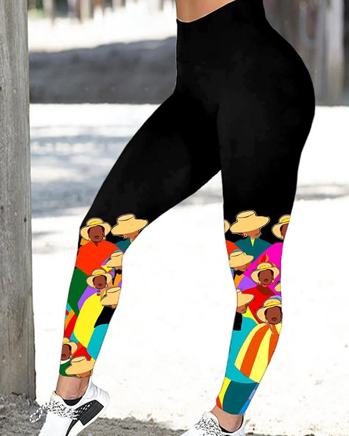 Black Ethnic Cartoon Print Casual Ladies Leggings