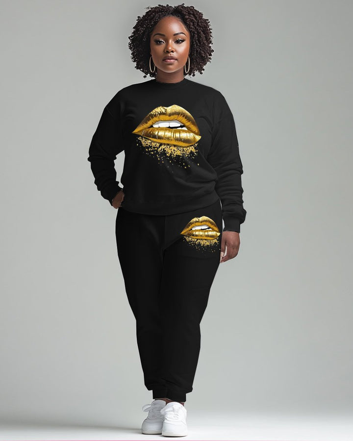 Gold Lips Print Sweatshirt Two Pieces Set