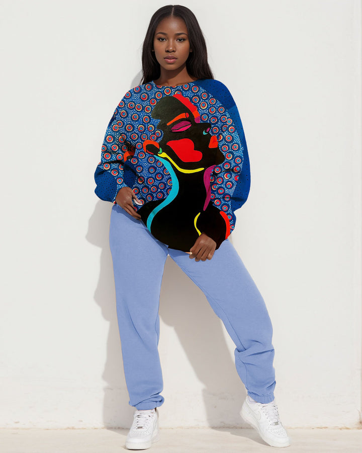 Women's Contrast Color Black Girl Illustration Print Crewneck Long Sleeve Sweatshirts Pants Suit